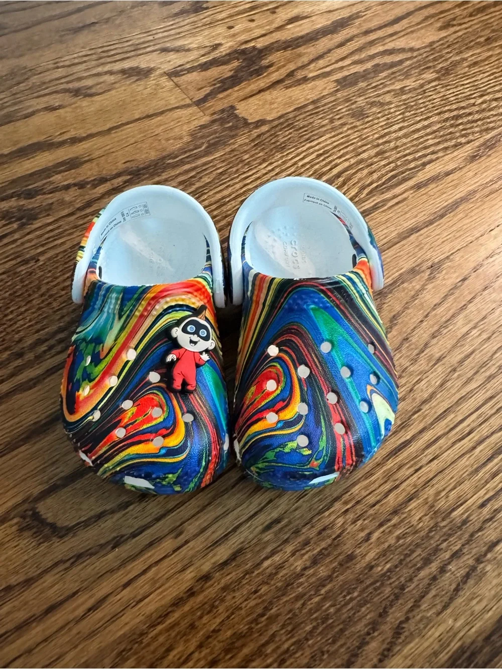CROCS Kids Multi-Color Swirl Clogs with Superhero Charm